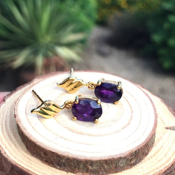 Natural Amethyst Gold Plated Earrings Post Dangles - Picture 12 of 15